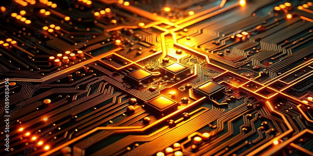 Poster abstract circuit board with orange glow technology background for innovative digital design and high