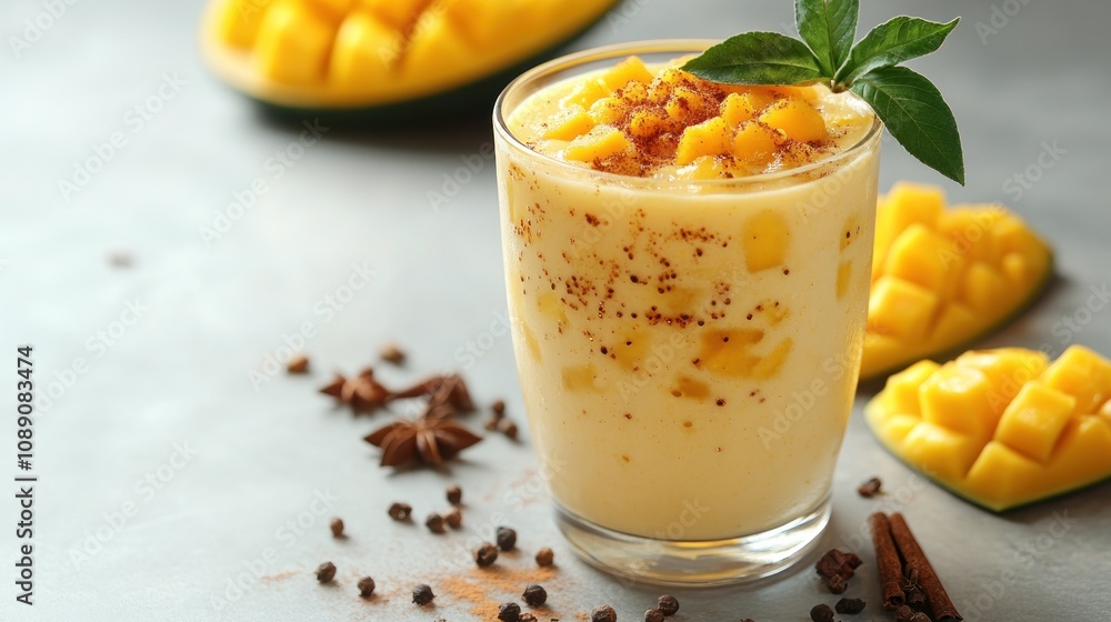 Poster refreshing mango smoothie with spices