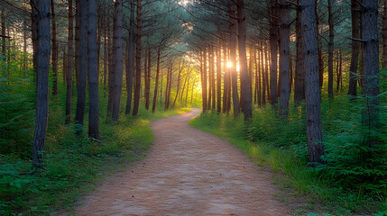 Fototapeta premium Sunbeams Through Trees On Forest Path Realistic Image
