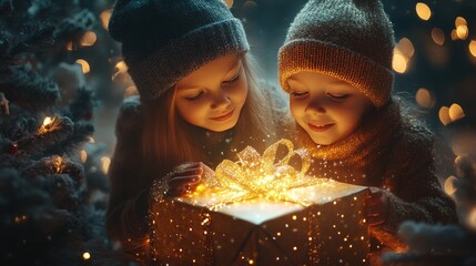 Two children joyfully opening a glowing gift box during a festive holiday season.