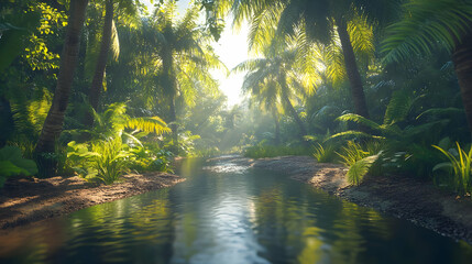 Fototapeta premium Jungle River 3D Illustration - Lush Foliage, Tranquil Water, Sunlight