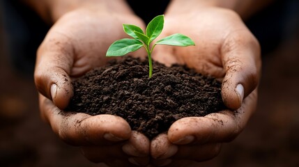 Hands Holding Dark Soil with Growing Plant
