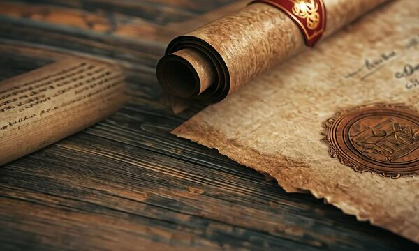 An antique, sealed scroll on a dark wooden surface, showcasing aged paper and elegant calligraphy.