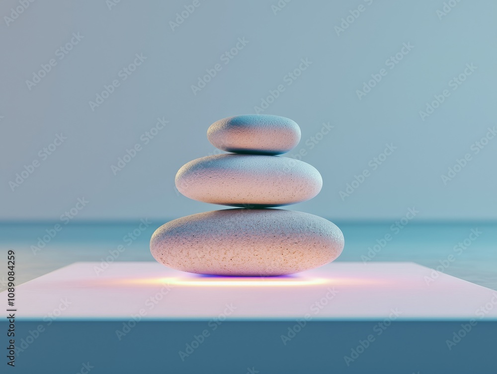 Poster a minimalist arrangement of smooth stones stacked on a glowing base, creating a tranquil and serene 