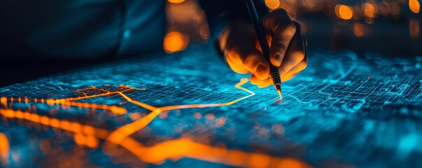 A hand drawing data analytics on a glowing digital interface. self development planning concept.