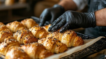 Close-up of a baker's gloved hands arranging freshly baked croissants on a baking sheet.