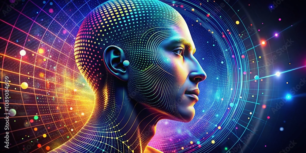 Poster abstract digital human head design with dots and spiral grid elements for creative projects and mode