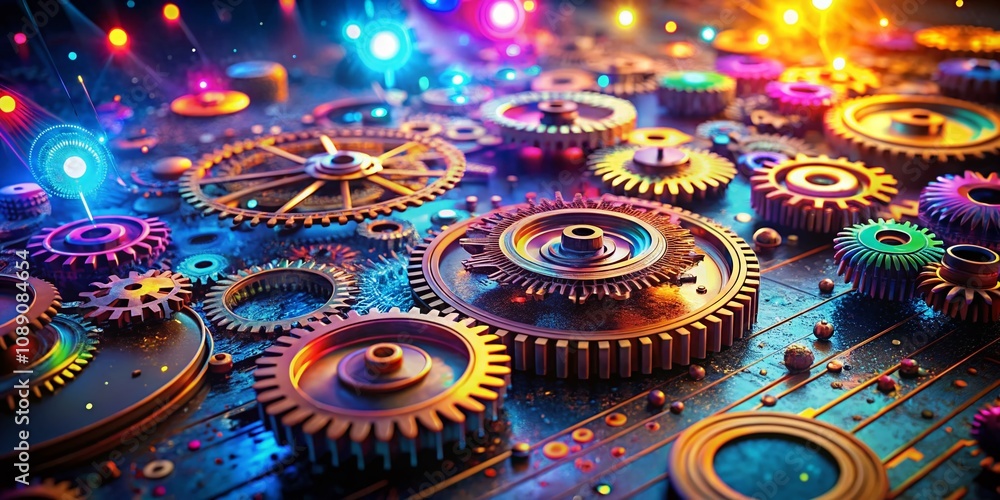 Poster abstract digital landscape with vibrant colors and gears representing innovation and software develo