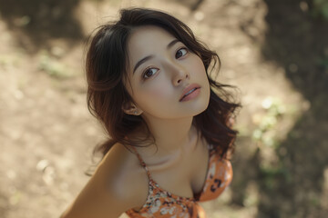 Naklejka premium 上を見上げるグラビアの女性モデル