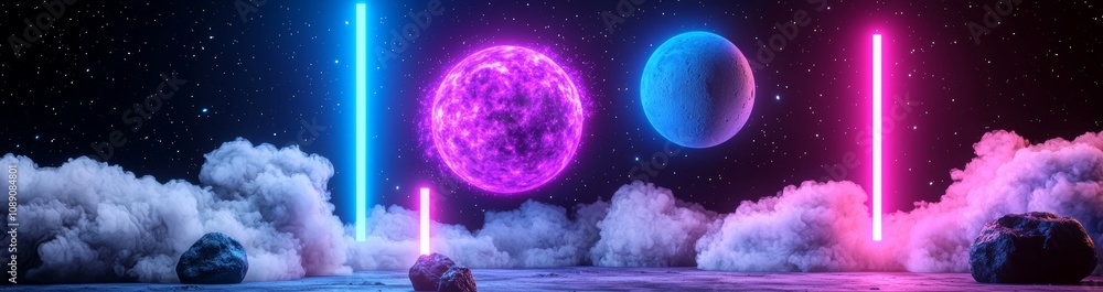 Poster a galaxy with rocks and lava on an alien planet as a backdrop for a space game. this illustration sh