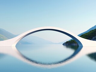 Obraz premium A modern, white arch bridge spans a serene lake, surrounded by mountains under a clear blue sky. self improvement balance concept.
