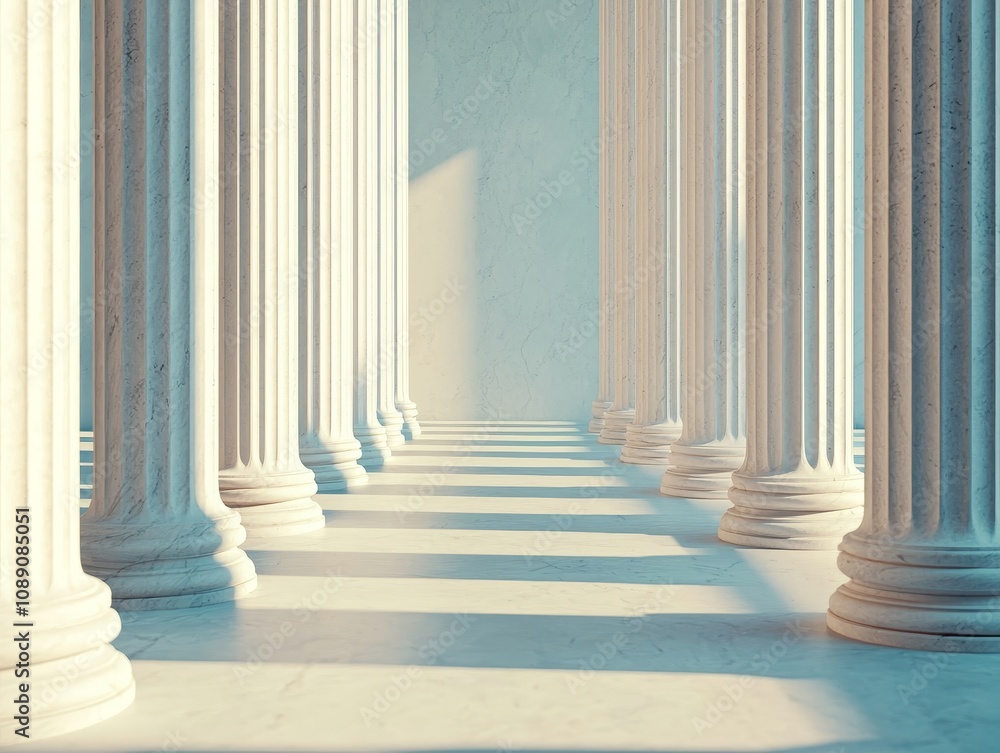 Poster a serene corridor of classical columns, bathed in soft light, creating a tranquil and timeless atmos