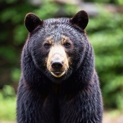 Naklejka premium Make a portrait of a black bear where the bear is looking directly at the viewer. It is a head shot of the bear. The bear has his snout pointing directly at the viewer, not tilted up or down. Make 