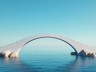 Obraz premium A serene arch bridge spans calm waters under a clear blue sky, evoking tranquility and architectural beauty. self improvement balance concept.