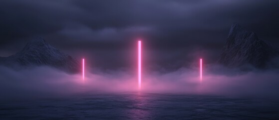 A mountain range is lit up in pink with three glowing lights