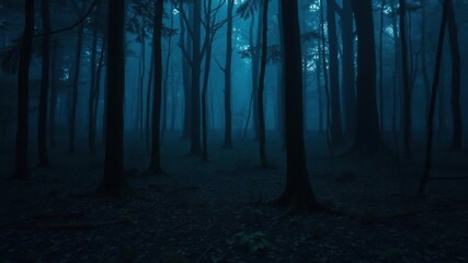 Naklejka premium Misty forest floor with glowing blue light, ethereal glow, softly lit path, enchanting scenery