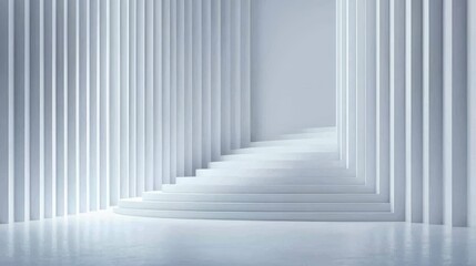 Fototapeta premium A serene, minimalist space featuring white columns and a gradual staircase leading to a bright, undefined area. Personal productivity for goals and success.
