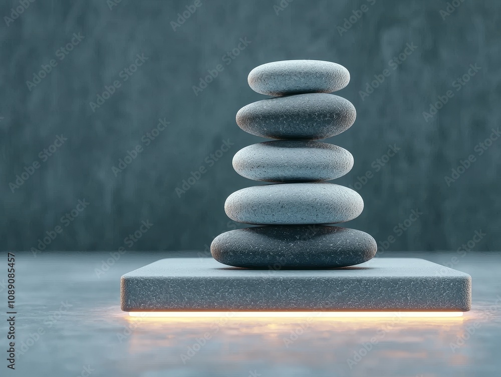 Poster a stack of smooth stones on a flat surface, symbolizing balance and tranquility, illuminated by a so