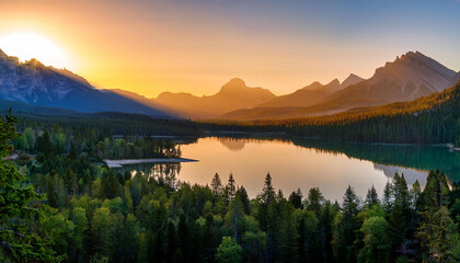 Wide-angle view of a stunning mountain sunset with reflections on a calm lake surrounded by lush green forest
