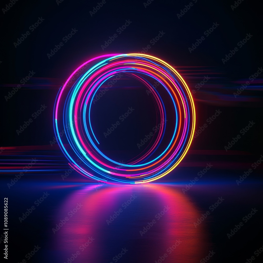 Poster a vibrant circular design with glowing neon colors on a dark background, creating a dynamic and mode