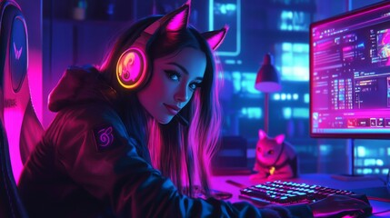 A young woman with cat ear headphones sits focused at her colorful gaming desk, surrounded by neon lights and computer screens displaying vibrant graphics. The atmosphere is energetic and immersive.