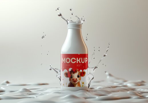 Milk Bottle Mockup &ndash; Realistic Splash Scene with Cartoon Cow Label for Dairy Branding and Packaging Design Presentation