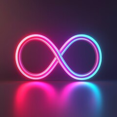 A vibrant infinity symbol in neon pink and blue glows against a dark background, representing eternity and limitless possibilities. self improvement balance concept.