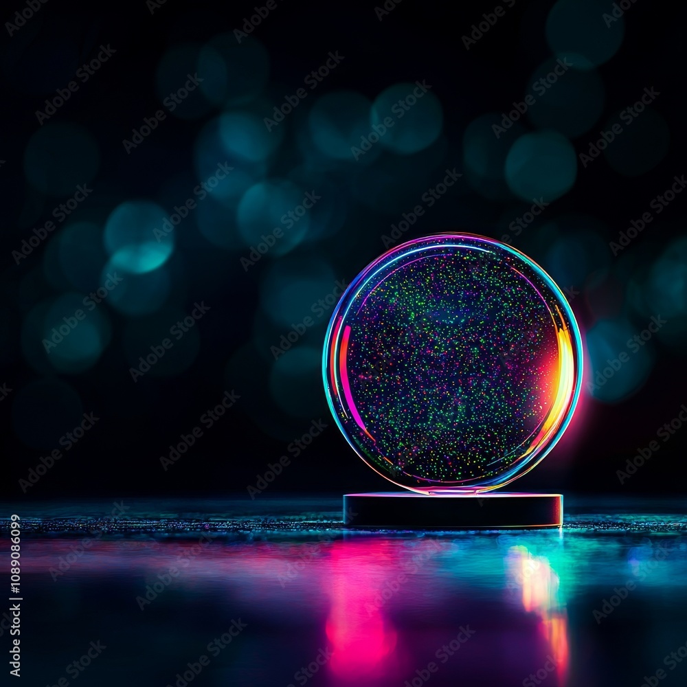 Aufkleber a vibrant, illuminated sphere reflects colorful light against a dark background, creating a mesmeriz