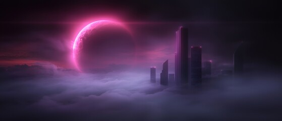 Fototapeta premium A cityscape with a large pink moon in the sky
