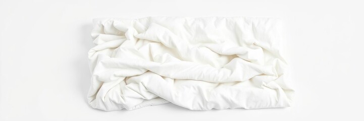 A pristine white blanket with intricate folds placed on a minimalist background of pure white surface, soft fabric, elegant folds, delicate texture