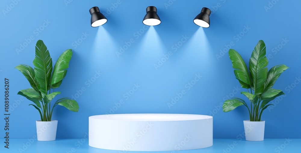 Aufkleber mockup of podium in gallery or exhibition studio with shelf and spotlight for displaying products. m