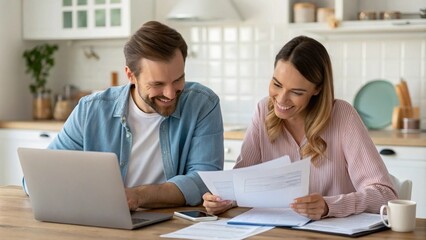 Happy family couple managing household budget, planning investment, analyzing paper utility bills, making payments and fill application forms together
