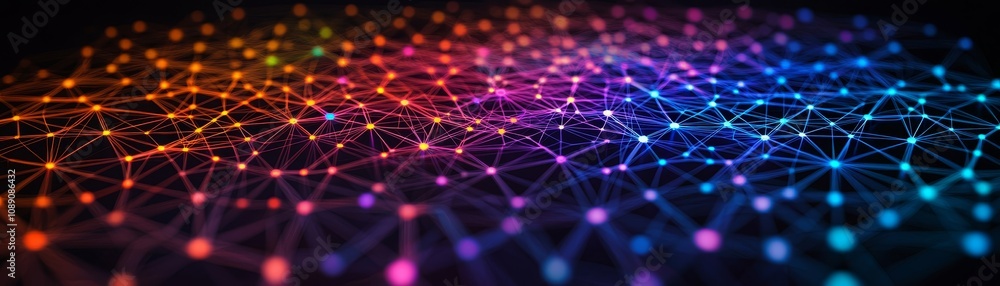Poster colorful abstract network design with glowing connections and dots on a dark background. self develo
