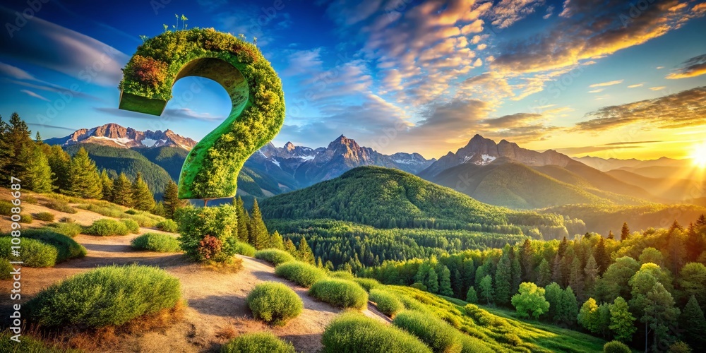 Poster abstract landscape with a question mark shape featuring geometric textures and vivid natural colors 