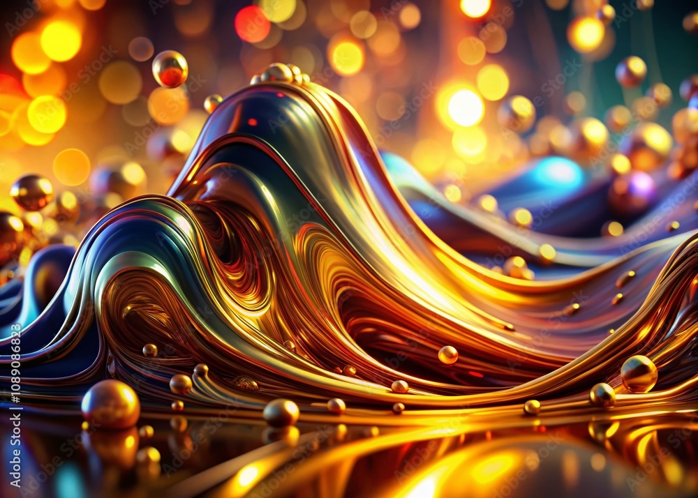 Poster abstract liquid colorful melted iron with bokeh effect - dynamic flowing chrome and gold texture in 