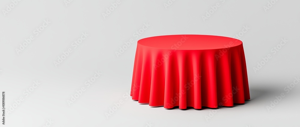 Poster this modern illustration features a round podium with a red fabric curtain with folds and wrinkles. 