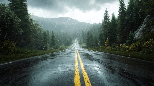 A mountain highway during a rainstorm with rainfall and mist surrounding the road