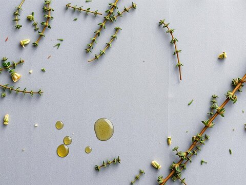 Gray surface with scattered fresh thyme sprigs and infused olive oil droplets, cooking, botanical, green