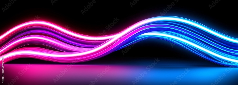 Poster an abstract red and blue glow line represents sound energy pulses in a gradient led fluorescent char