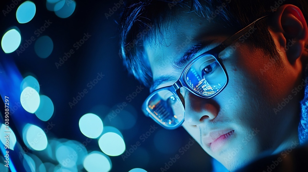 Poster intense coding session with blue-toned lighting at workspace