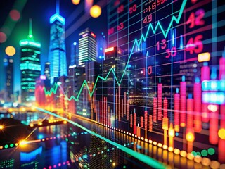 Obraz premium Abstract Neon Stock Market Data Visualization - A Stunning Night Photography Capture of Dynamic Graphs and Charts with Vibrant Colors Illuminating Financial Trends and Insights