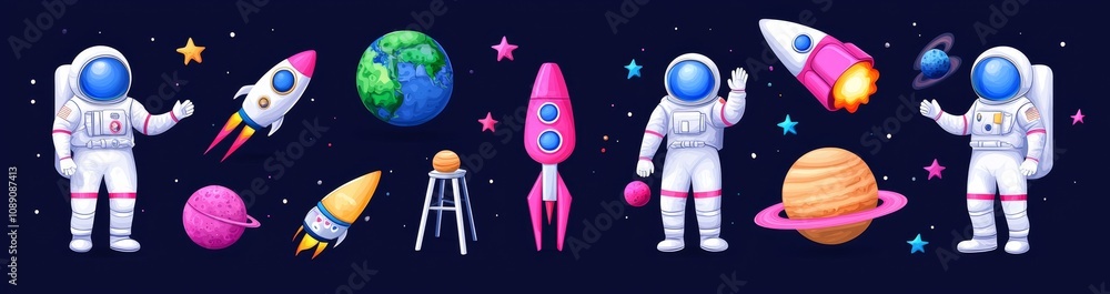 Poster cartoon illustration of a happy little boy spaceman exploring satellite objects in outer space while