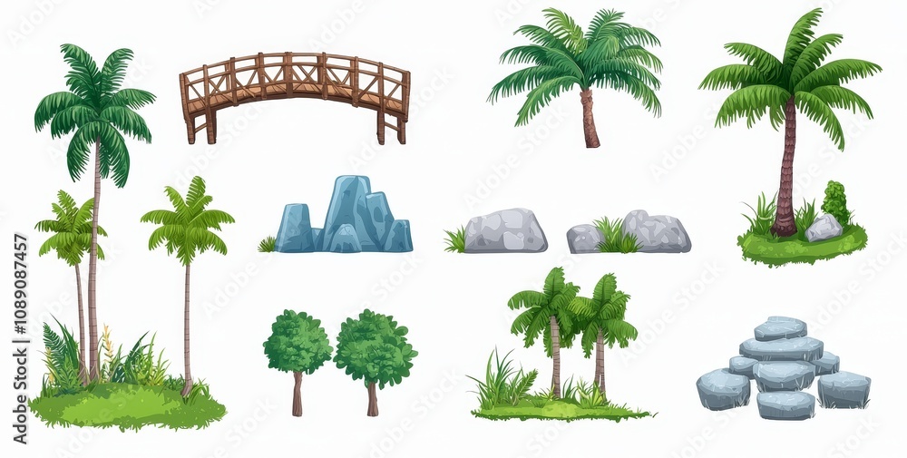 Aufkleber the level map ui design asset kit includes a floating ground platform with green grass and stones, a
