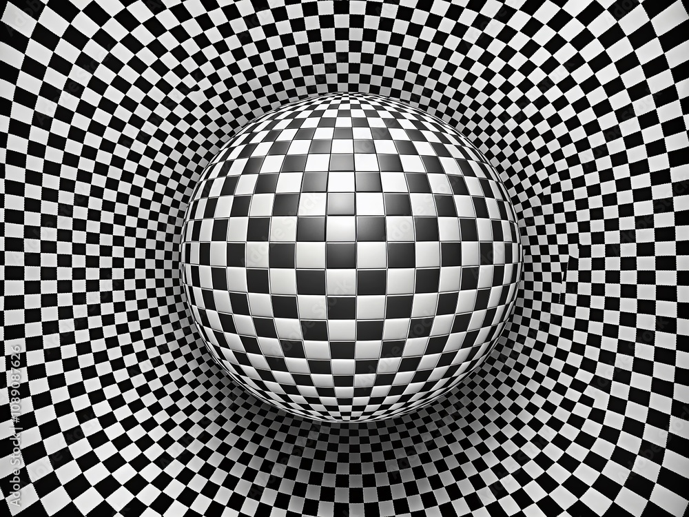 Poster abstract optical illusion sphere with hypnotic black and white squares creating a mesmerizing patter