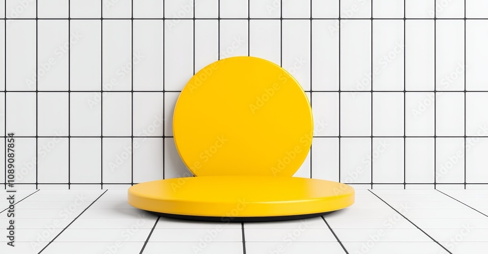 Poster the background in this scene is a tile background, complemented by a gold podium, and the shelf or t