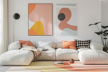 Comfortable Modern Living Room Design Featuring Pastel Artwork and a Cozy Sectional Sofa With Soft Textures and Colorful Accents in a Sunlit Space