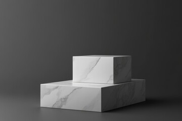 Marble podium. Gray pastel background for cosmetic product. Empty flat showcase display case. Mockup pedestal trendy grey backdrop. Floor platform smooth stage, palm leaf. Natural ad show scene space
