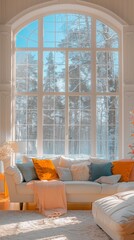 Cozy Winter Retreat With Large Windows Offering a Breathtaking View of a Snowy Forest and a Comfortable Lounge Area Adorned With Soft Cushions and Warm Colors