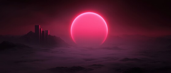 A pink sun is in the sky above a city with a mountain in the background