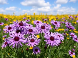 Obraz premium Purple asters in a field with blue sky and yellow flowers, field, purple